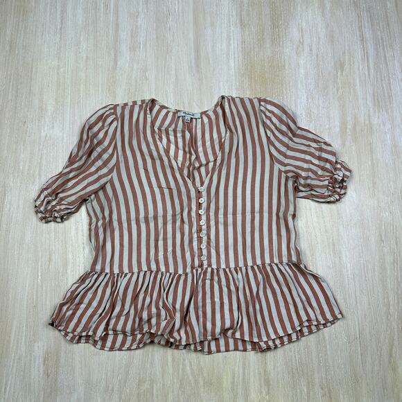 Madewell Cream Courtyard Ruffle Striped V-Neck Pull On Casual Top Blouse Small - Picture 1 of 13